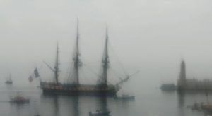 Arrival of the French frigate Hermione into foggy Nice Port.