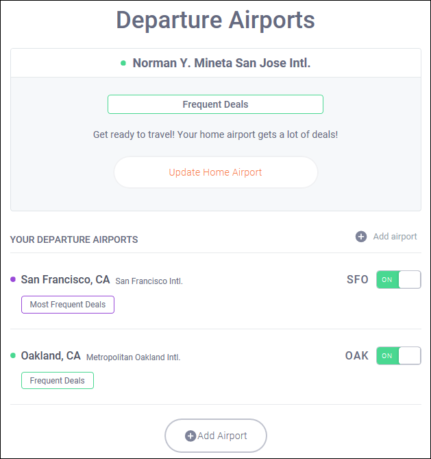 Departure Airports screen