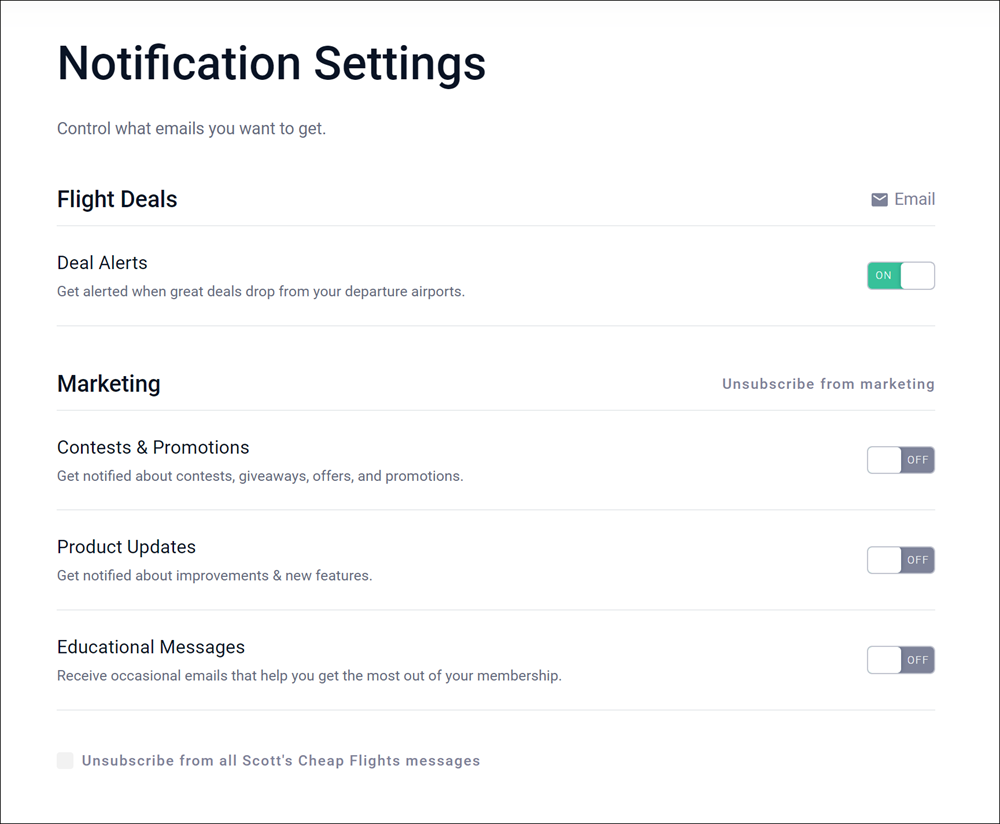 Scott's Cheap Flights Notification Settings